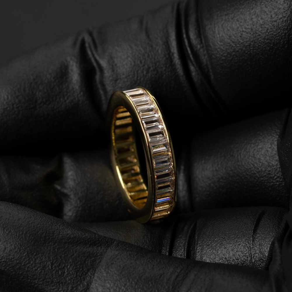 Channel Set Iced Cz Baguette 14K Gold Plated Mens Eternity Band Statement Ring